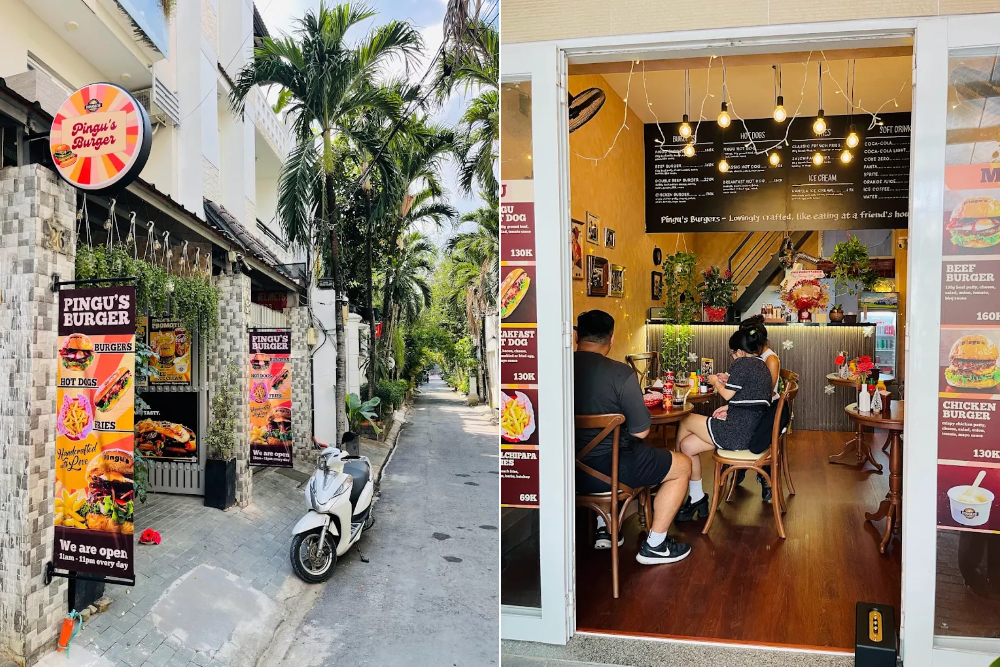 Pingu’s Burger offers a cozy, home-like atmosphere with warm yellow lighting and simple, rustic decor 